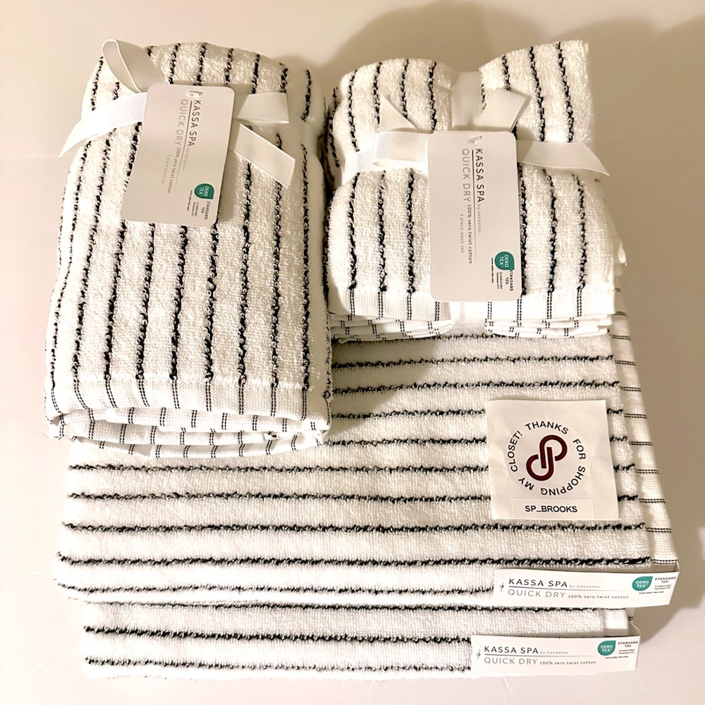 🎁8PC KASSA SPA by Kassatex QUICK DRY Hand/Wash Towel Set - White & Black